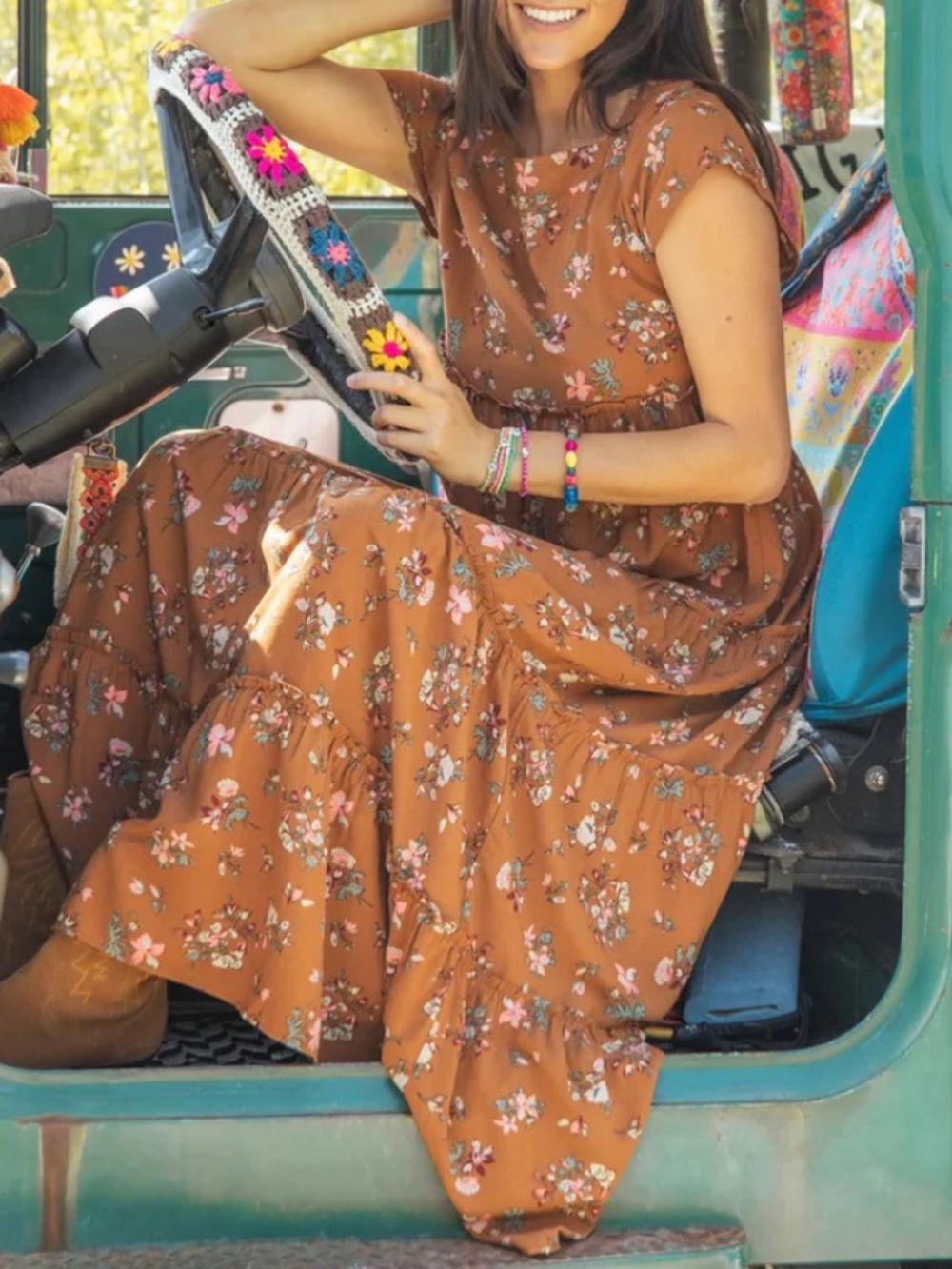 Natural Life Berkley Maxi Dress Brown Bouquet Floral Boho Womens M